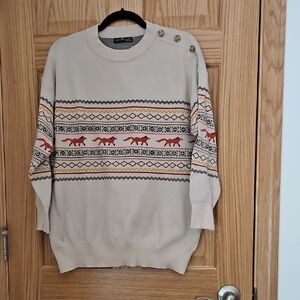 Women's Fox Sweater Beige Crewneck Sweater with Fox Design